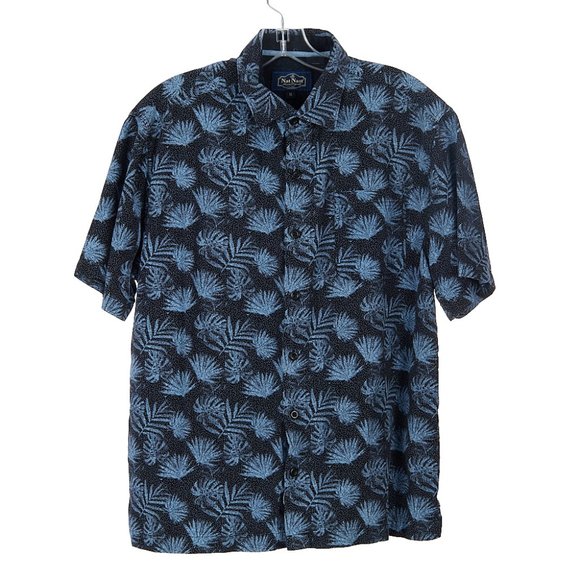 Nat Nast Silk Cotton Blend Button Up Shirt Palm Blue Black Mens Medium - Picture 1 of 6